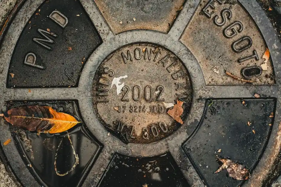 Close-up of a manhole cover with autumn leaves, featuring rustic textures and the word 'Esgoto'.